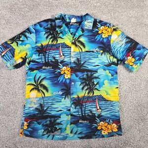 Royal Creations Mens Shirt‎ Size L Blue Hawaiian Palm Tree Sunset Surf Vintage
